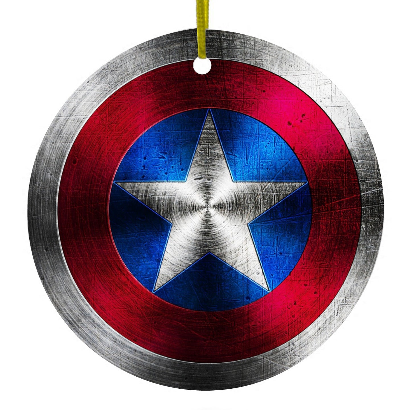 DistinctInk® Hanging Ceramic Christmas Tree Ornament with Gold String - Great Gift / Present - 2 3/4 inch Diameter - Red White Blue Shield