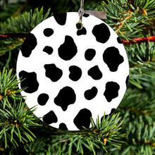 DistinctInk® Hanging Ceramic Christmas Tree Ornament with Gold String - Great Gift / Present - 2 3/4 inch Diameter - Black White Cow Dalmatian Spots