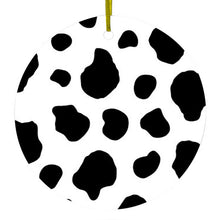 DistinctInk® Hanging Ceramic Christmas Tree Ornament with Gold String - Great Gift / Present - 2 3/4 inch Diameter - Black White Cow Dalmatian Spots