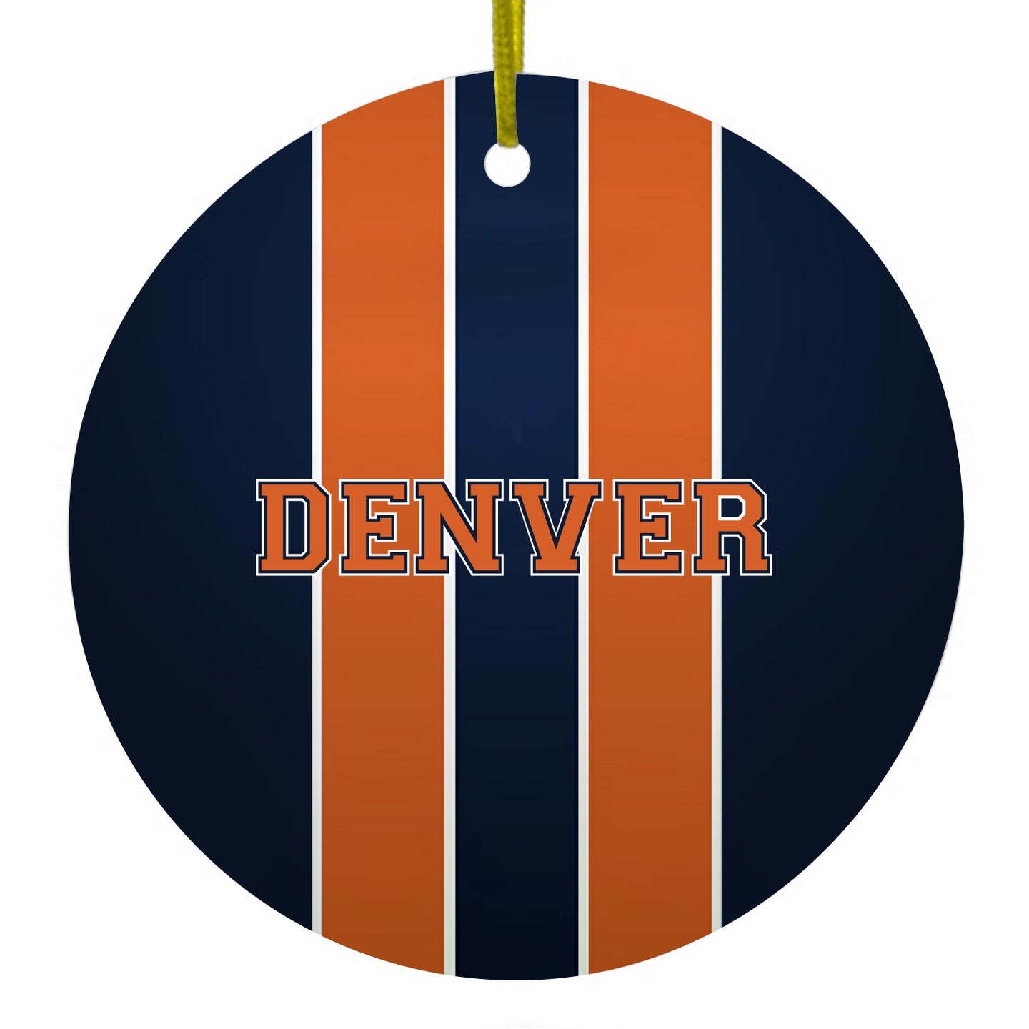 DistinctInk® Hanging Ceramic Christmas Tree Ornament with Gold String - Great Gift / Present - 2 3/4 inch Diameter - Orange Navy Broncos