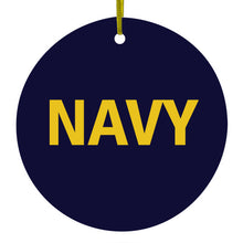 DistinctInk® Hanging Ceramic Christmas Tree Ornament with Gold String - Great Gift / Present - 2 3/4 inch Diameter - Yellow Navy