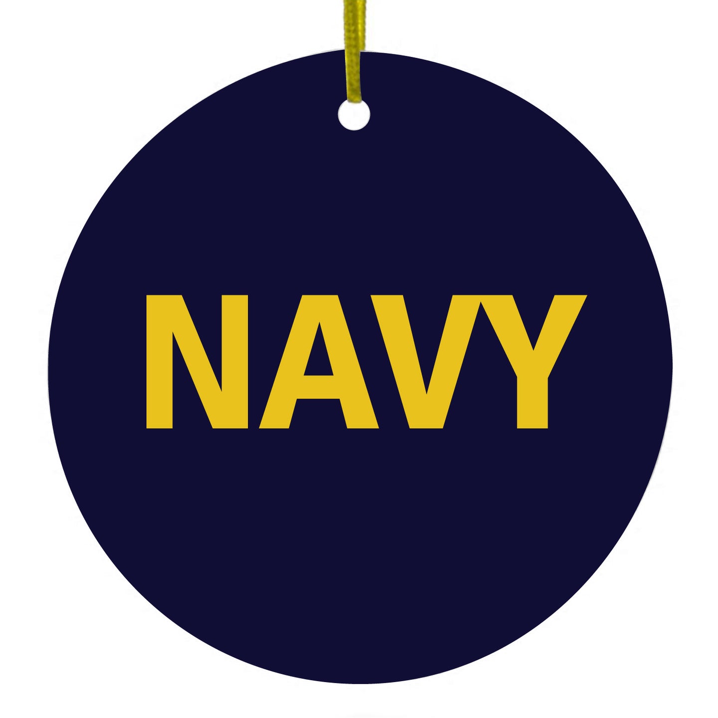 DistinctInk® Hanging Ceramic Christmas Tree Ornament with Gold String - Great Gift / Present - 2 3/4 inch Diameter - Yellow Navy