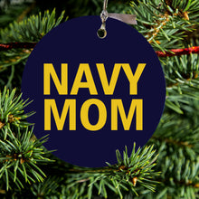 DistinctInk® Hanging Ceramic Christmas Tree Ornament with Gold String - Great Gift / Present - 2 3/4 inch Diameter - Yellow Navy Mom