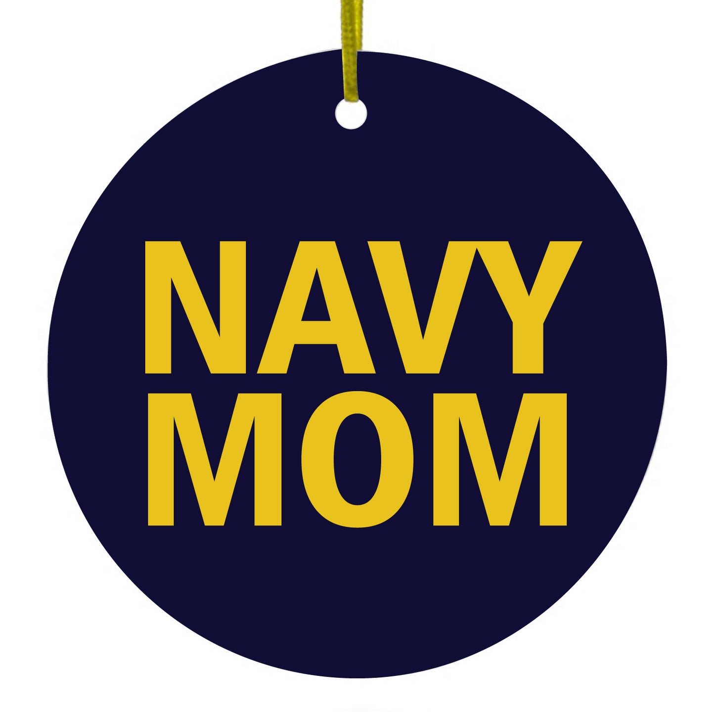 DistinctInk® Hanging Ceramic Christmas Tree Ornament with Gold String - Great Gift / Present - 2 3/4 inch Diameter - Yellow Navy Mom