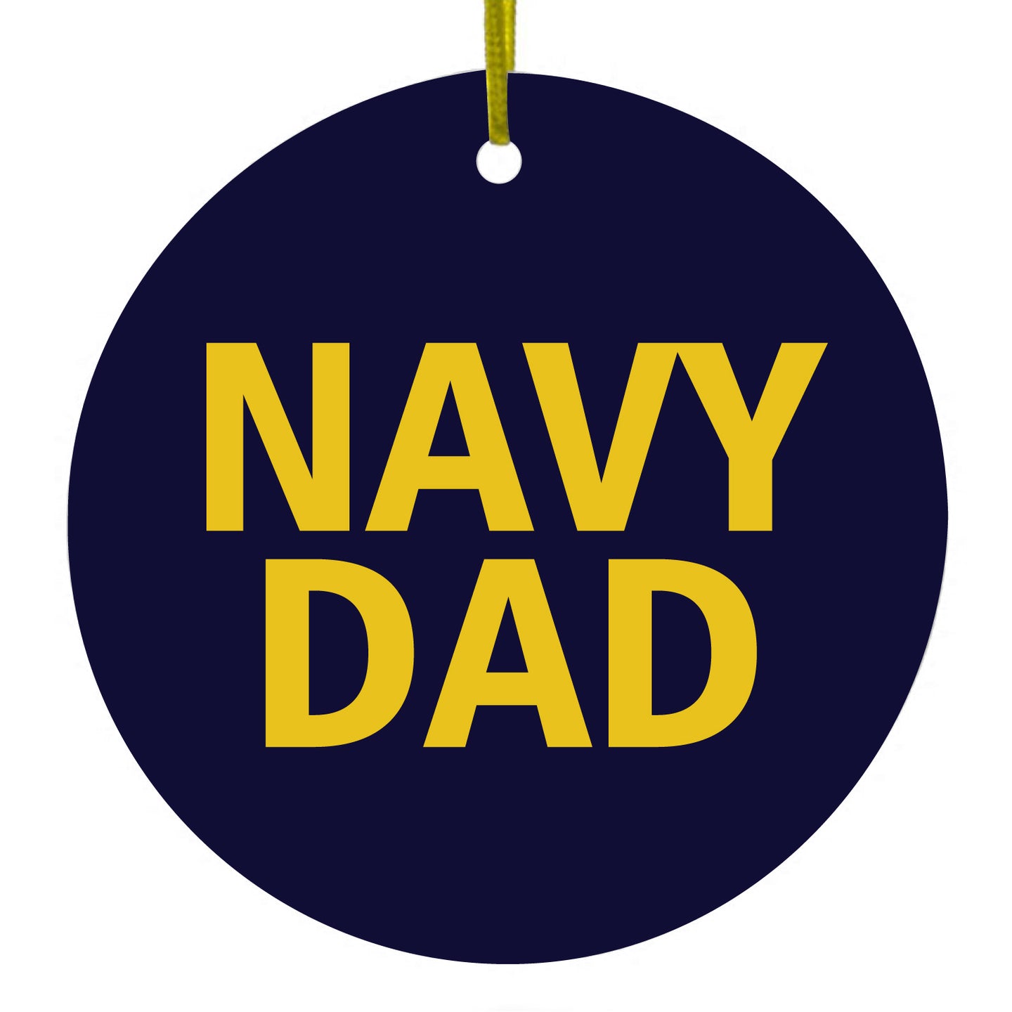 DistinctInk® Hanging Ceramic Christmas Tree Ornament with Gold String - Great Gift / Present - 2 3/4 inch Diameter - Yellow Navy Dad