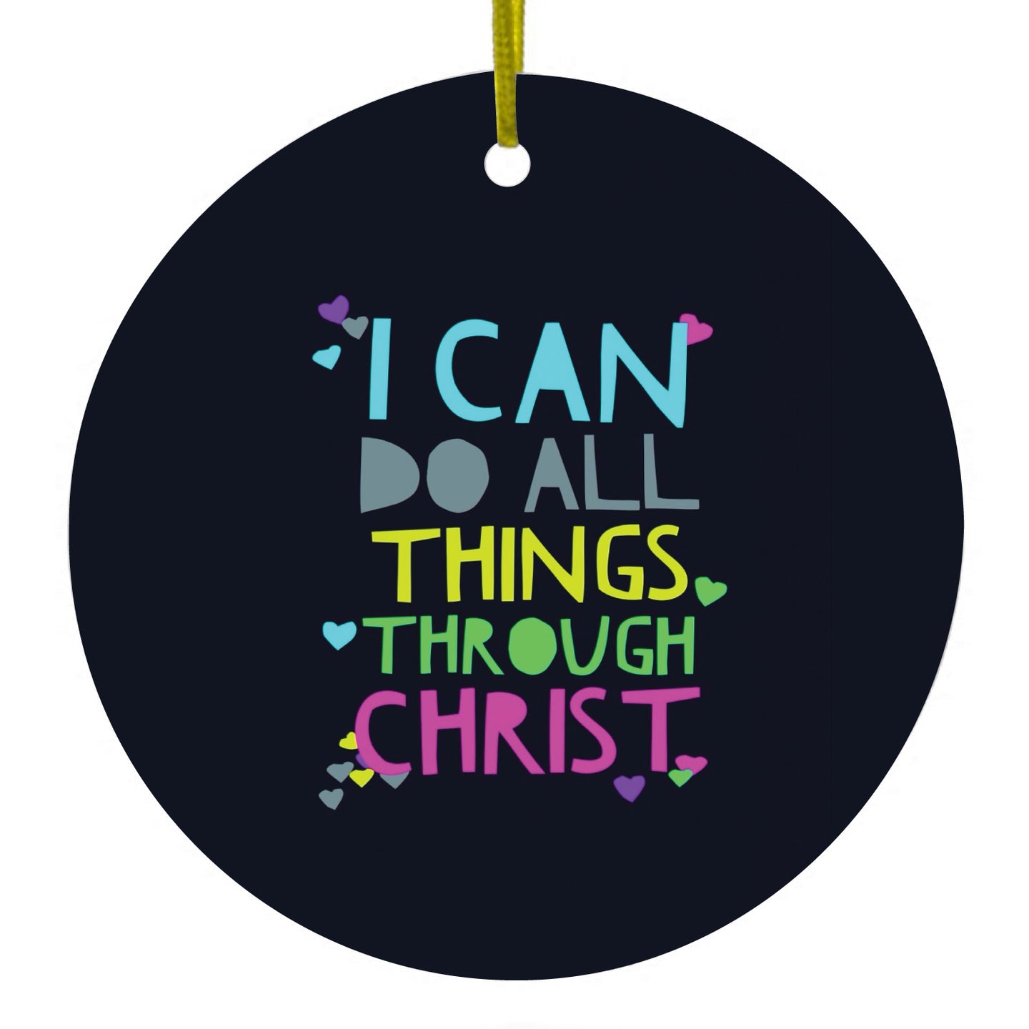 DistinctInk® Hanging Ceramic Christmas Tree Ornament with Gold String - Great Gift / Present - 2 3/4 inch Diameter - I Can Do All Things Through Christ