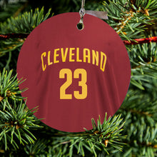 DistinctInk® Hanging Ceramic Christmas Tree Ornament with Gold String - Great Gift / Present - 2 3/4 inch Diameter - Cleveland 23 Jersey