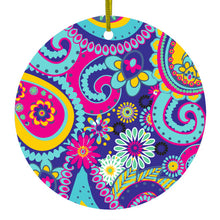Hot Blue Yellow Pink Paisley Ceramic Ornament
