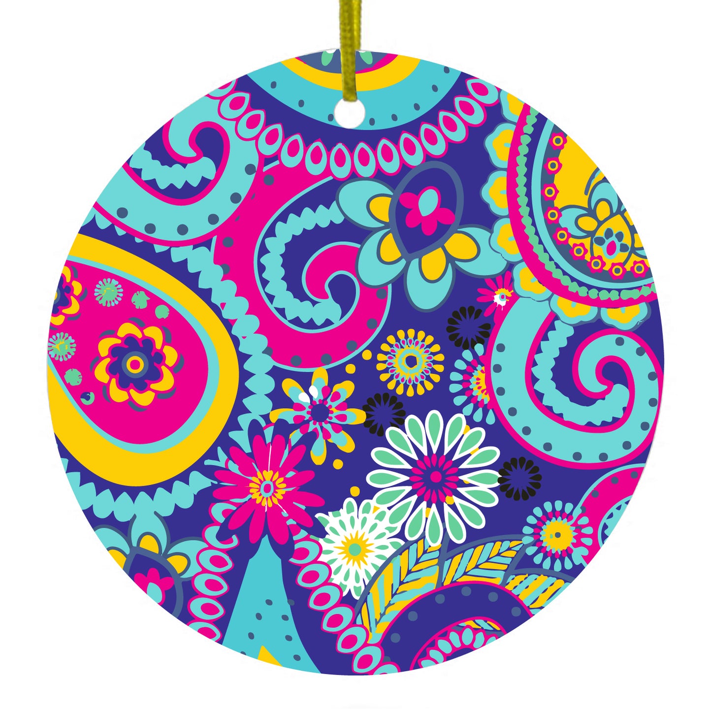 Hot Blue Yellow Pink Paisley Ceramic Ornament
