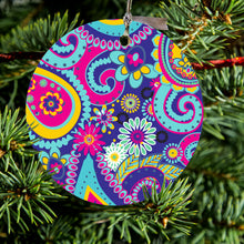 Hot Blue Yellow Pink Paisley Ceramic Ornament