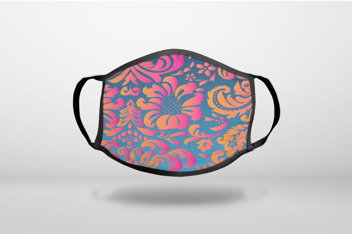 Pink Orange Blue Flower Floral - 3-Ply Reusable Soft Face Mask Covering, Unisex, Cotton Inner Layer
