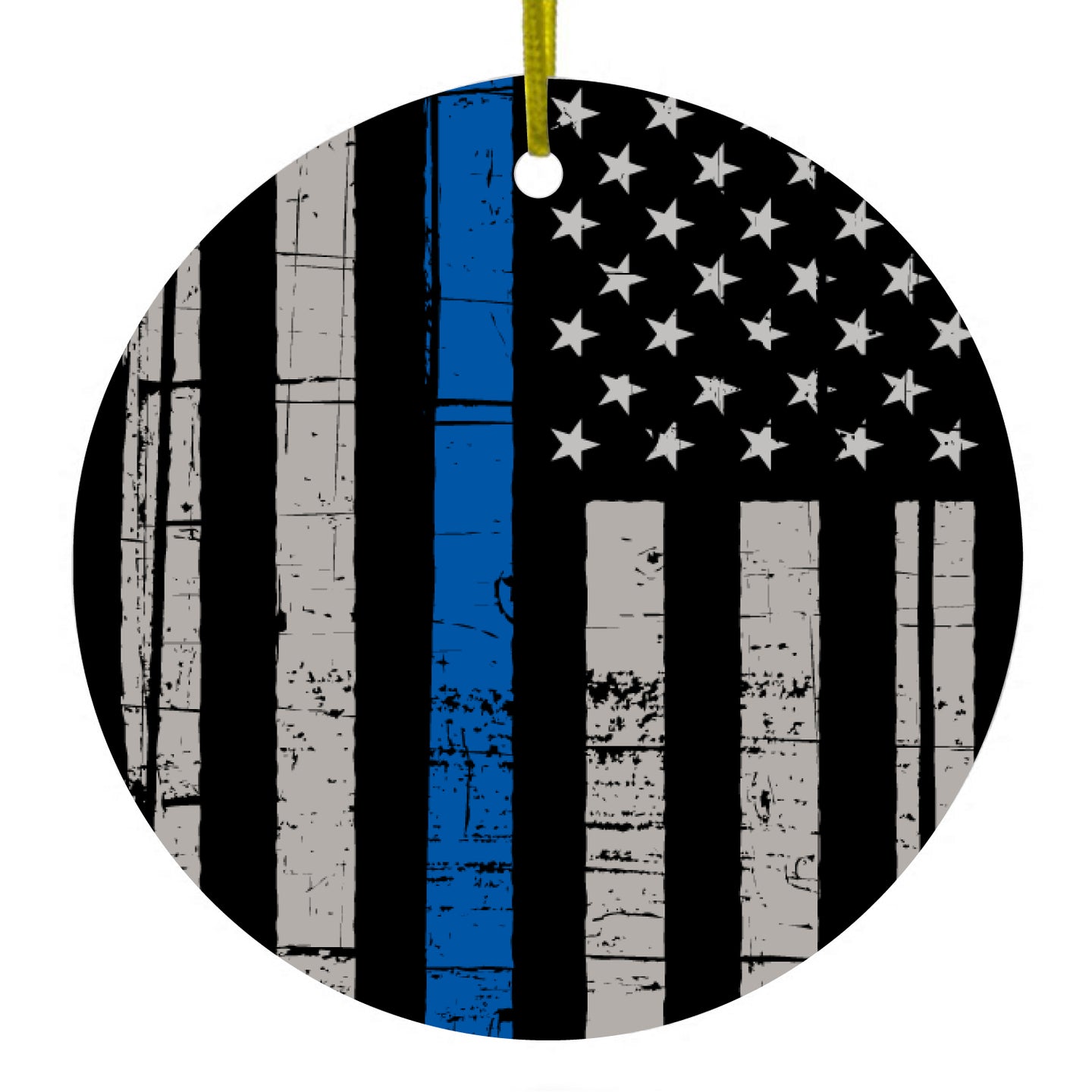 DistinctInk® Hanging Ceramic Christmas Tree Ornament with Gold String - Great Gift / Present - 2 3/4 inch Diameter - Weathered Thin Blue Line US Flag