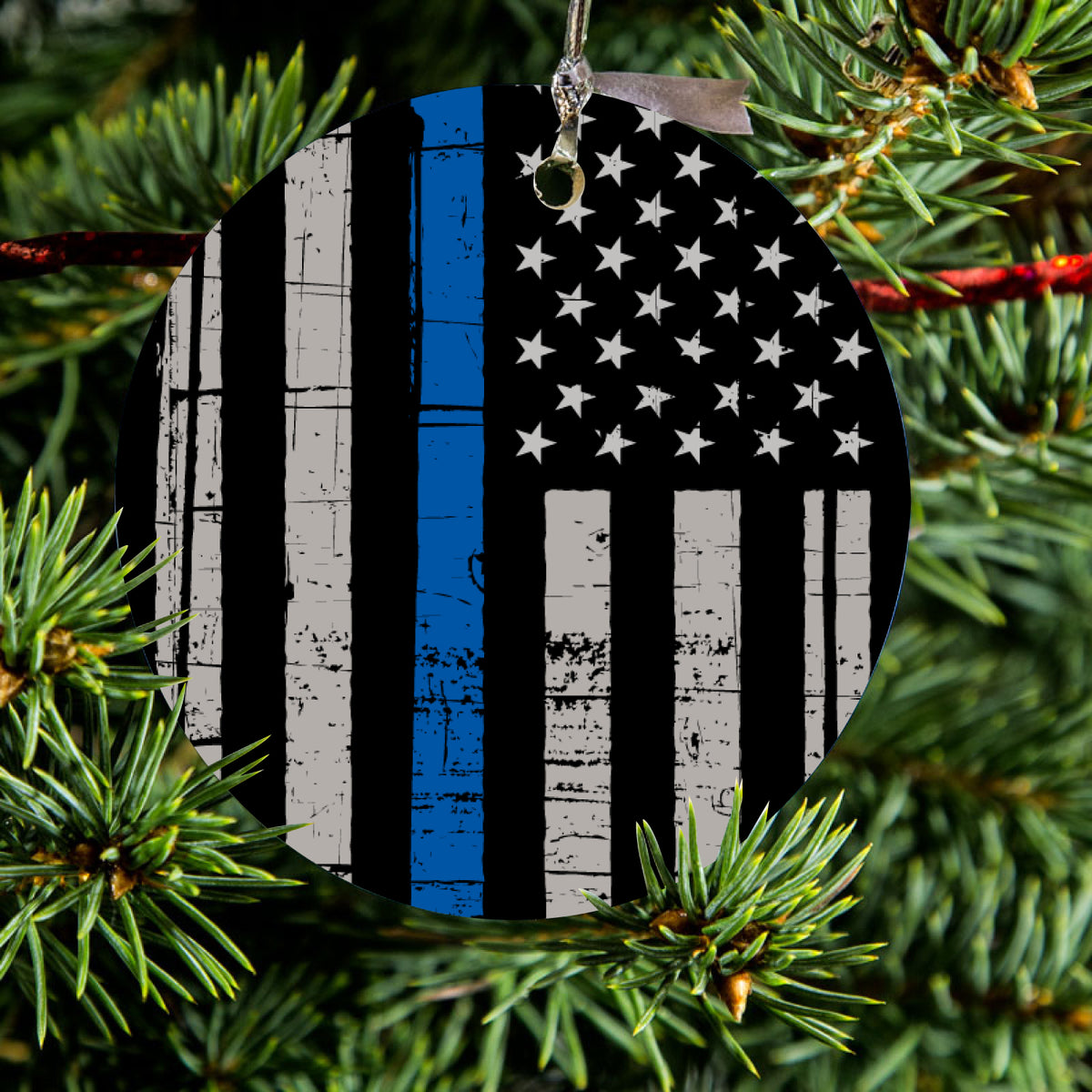Weathered Thin Blue Line US Flag Ceramic Ornament, view 2