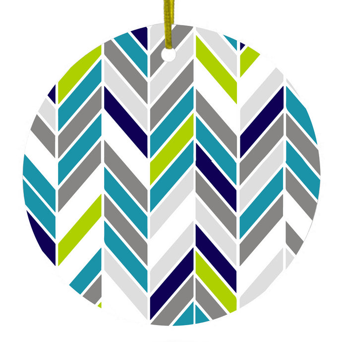 Teal Navy Grey Herringbone Ceramic Ornament