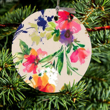 DistinctInk® Hanging Ceramic Christmas Tree Ornament with Gold String - Great Gift / Present - 2 3/4 inch Diameter - Pink Purple Floral Flowers