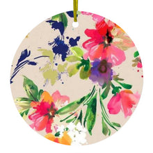 DistinctInk® Hanging Ceramic Christmas Tree Ornament with Gold String - Great Gift / Present - 2 3/4 inch Diameter - Pink Purple Floral Flowers