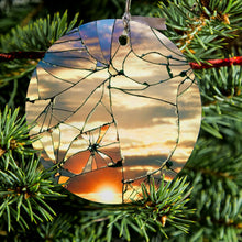 DistinctInk® Hanging Ceramic Christmas Tree Ornament with Gold String - Great Gift / Present - 2 3/4 inch Diameter - Shattered Glass Sunrise