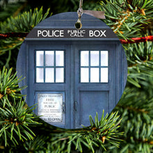 DistinctInk® Hanging Ceramic Christmas Tree Ornament with Gold String - Great Gift / Present - 2 3/4 inch Diameter - TARDIS Call Box Photograph