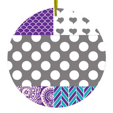 DistinctInk® Hanging Ceramic Christmas Tree Ornament with Gold String - Great Gift / Present - 2 3/4 inch Diameter - Purple Teal Grey Patterns