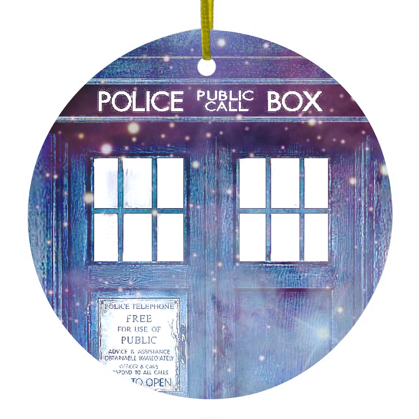DistinctInk® Hanging Ceramic Christmas Tree Ornament with Gold String - Great Gift / Present - 2 3/4 inch Diameter - Fading TARDIS Outer Space Stars