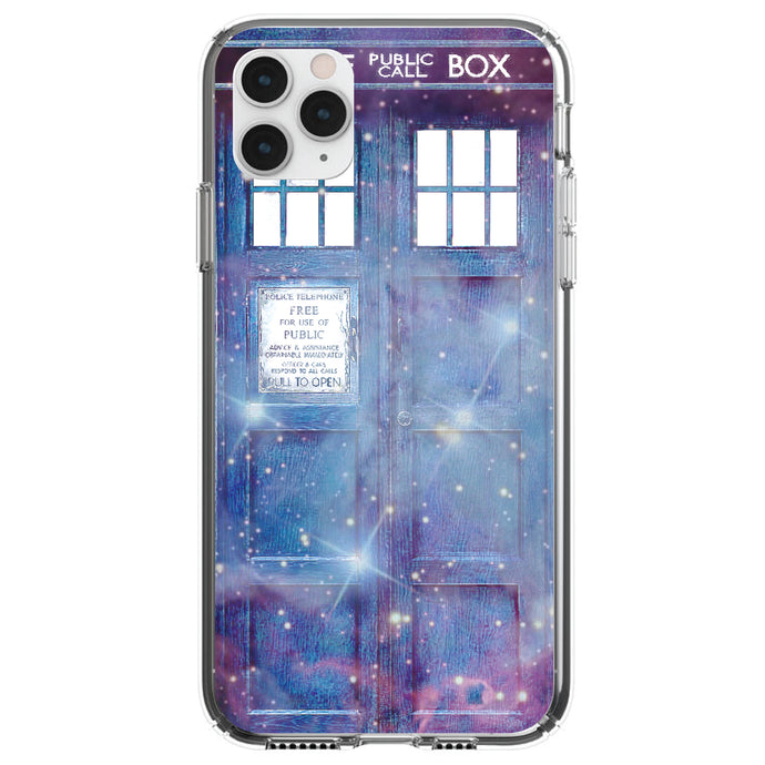 DistinctInk® Clear Shockproof Hybrid Case for Apple iPhone / Samsung Galaxy / Google Pixel - Fading TARDIS Outer Space Stars