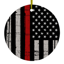 DistinctInk® Hanging Ceramic Christmas Tree Ornament with Gold String - Great Gift / Present - 2 3/4 inch Diameter - Weathered Thin Red Line US Flag
