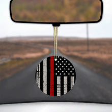 DistinctInk® Hanging Ceramic Christmas Tree Ornament with Gold String - Great Gift / Present - 2 3/4 inch Diameter - Weathered Thin Red Line US Flag
