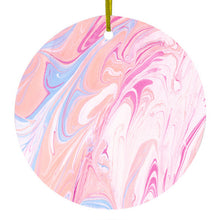 DistinctInk® Hanging Ceramic Christmas Tree Ornament with Gold String - Great Gift / Present - 2 3/4 inch Diameter - Pink Blue White Marble Image Print