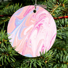 DistinctInk® Hanging Ceramic Christmas Tree Ornament with Gold String - Great Gift / Present - 2 3/4 inch Diameter - Pink Blue White Marble Image Print