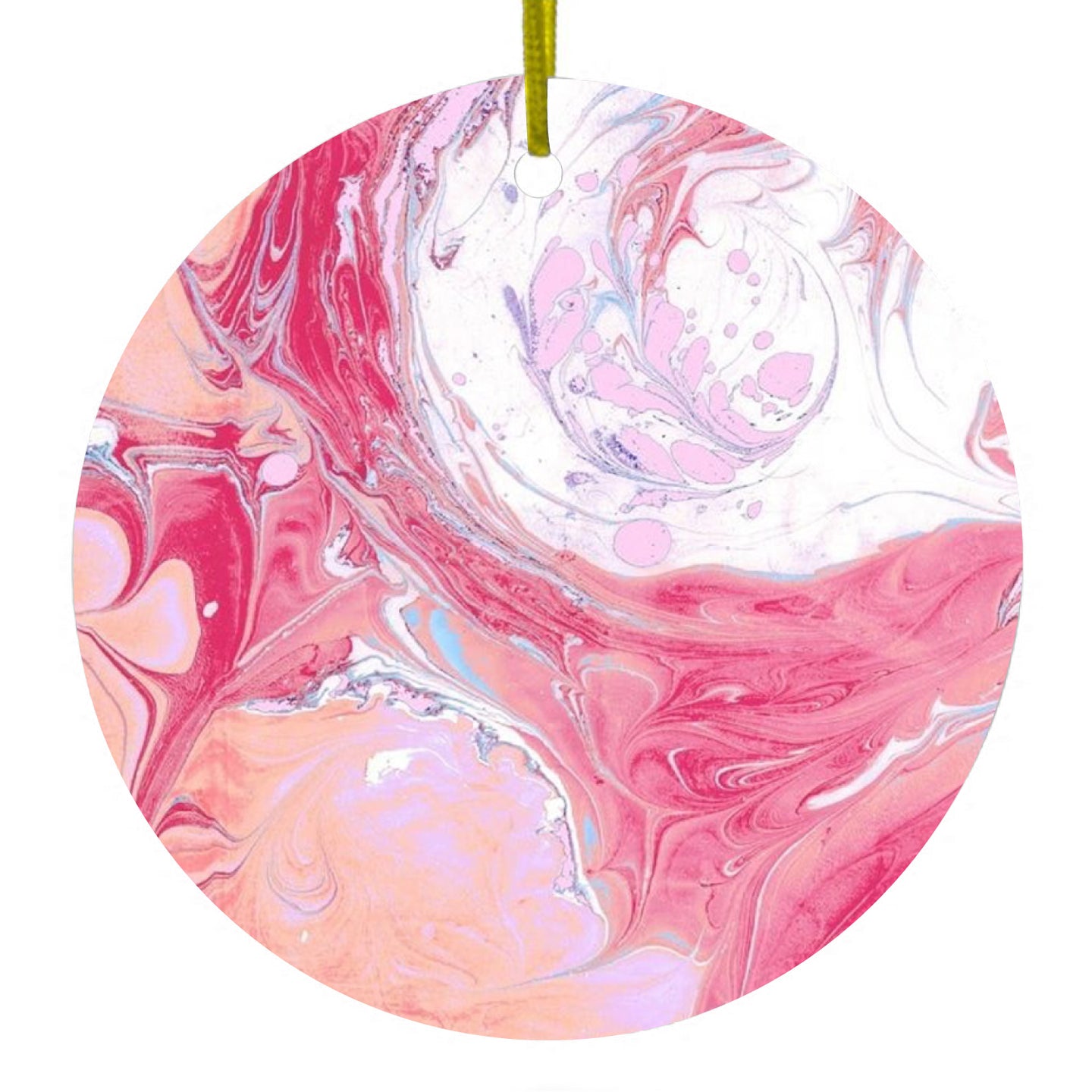 DistinctInk® Hanging Ceramic Christmas Tree Ornament with Gold String - Great Gift / Present - 2 3/4 inch Diameter - Hot Pink Blue White Marble Image Print
