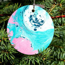 DistinctInk® Hanging Ceramic Christmas Tree Ornament with Gold String - Great Gift / Present - 2 3/4 inch Diameter - Blue Pink White Marble  Image Print