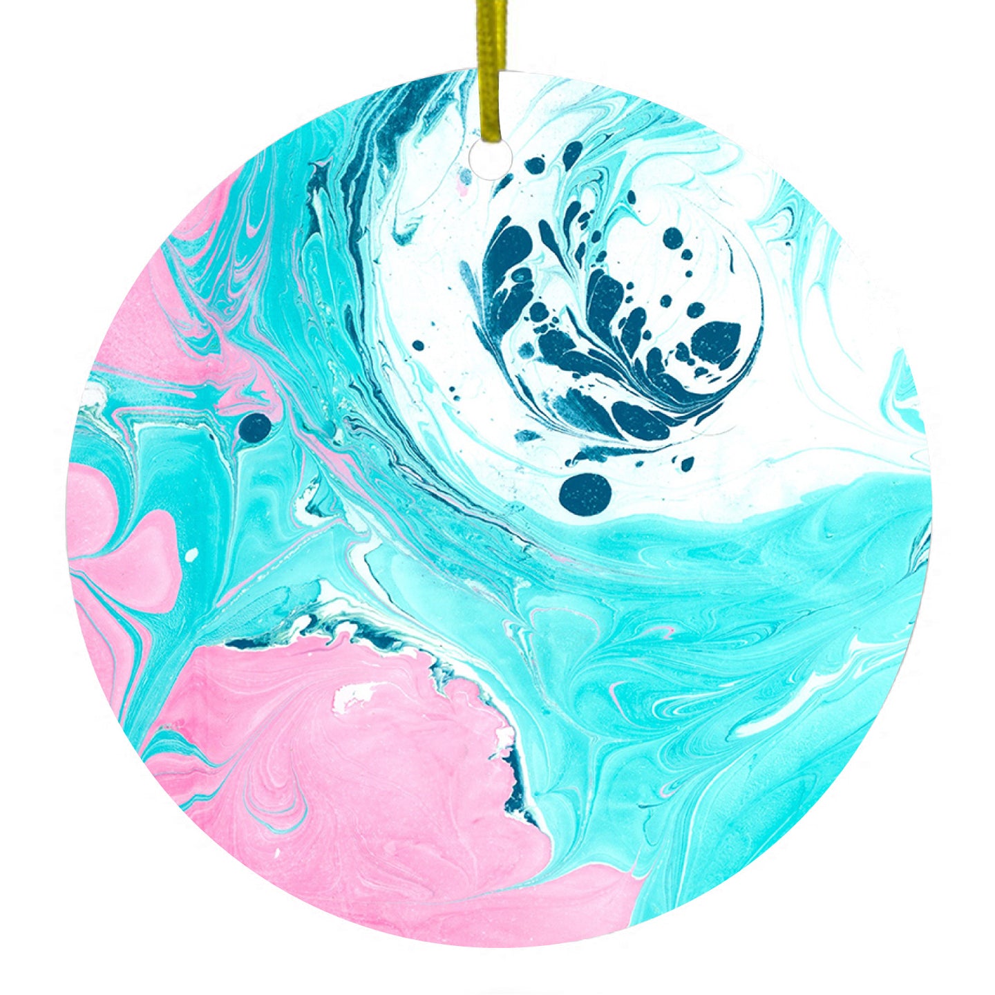 DistinctInk® Hanging Ceramic Christmas Tree Ornament with Gold String - Great Gift / Present - 2 3/4 inch Diameter - Blue Pink White Marble  Image Print