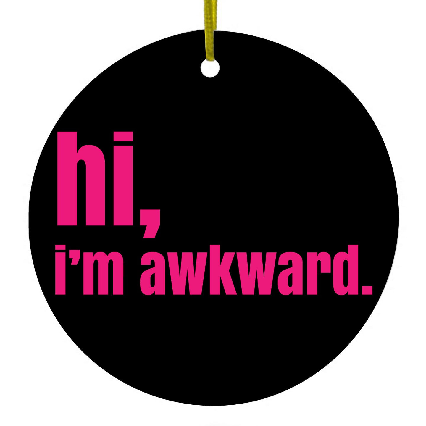 DistinctInk® Hanging Ceramic Christmas Tree Ornament with Gold String - Great Gift / Present - 2 3/4 inch Diameter - Black Hot Pink 