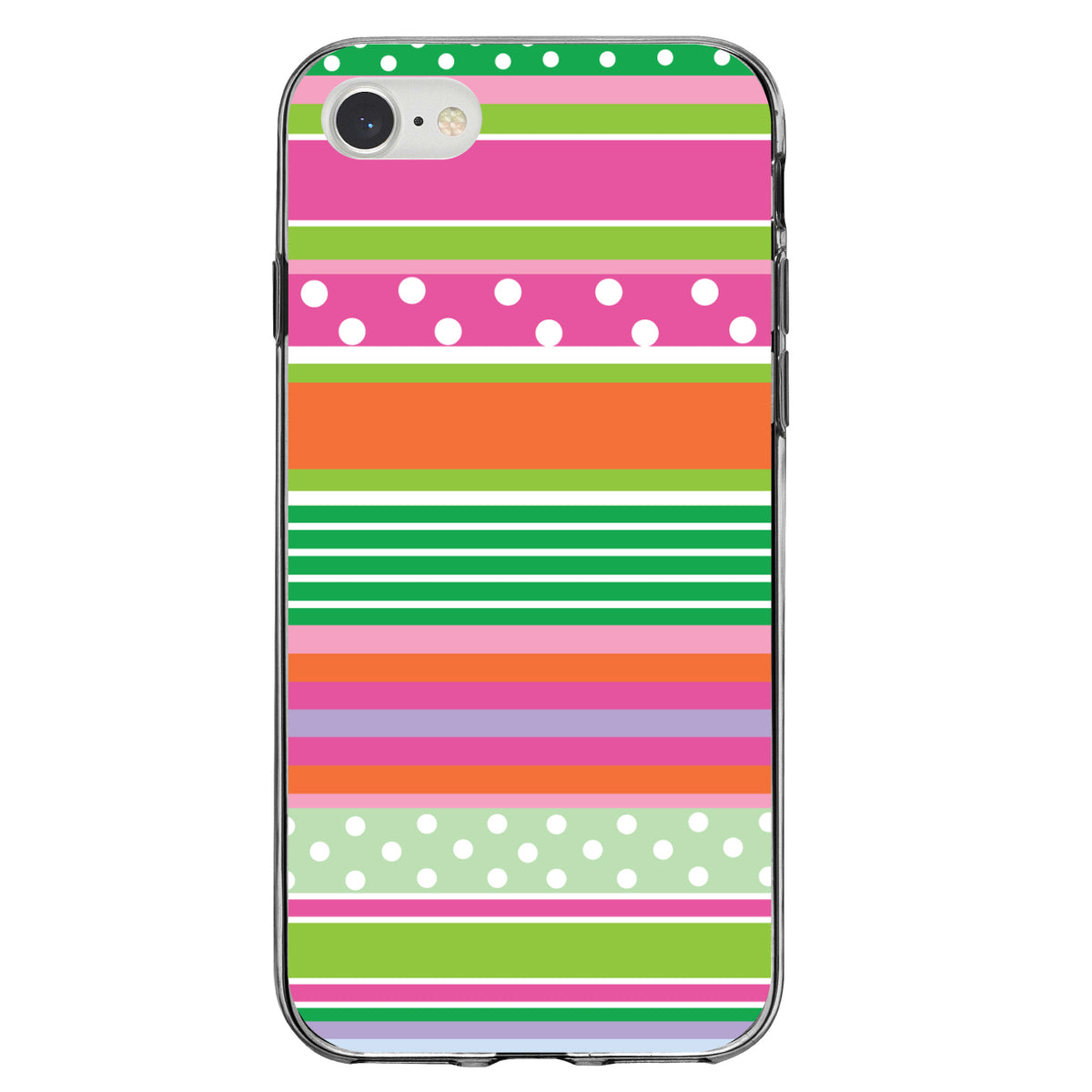 Green Pink White Stripes Polka Dots Clear Shockproof iPhone Case, view 5