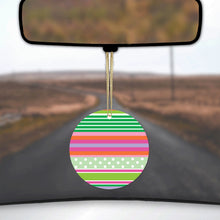 DistinctInk® Hanging Ceramic Christmas Tree Ornament with Gold String - Great Gift / Present - 2 3/4 inch Diameter - Green Pink White Stripes Polka Dots