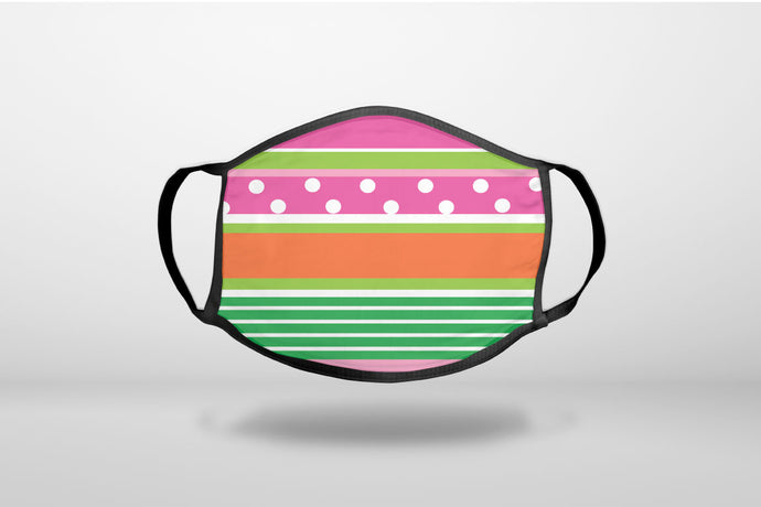 Green Pink White Stripes Polka Dots - 3-Ply Reusable Soft Face Mask Covering, Unisex, Cotton Inner Layer