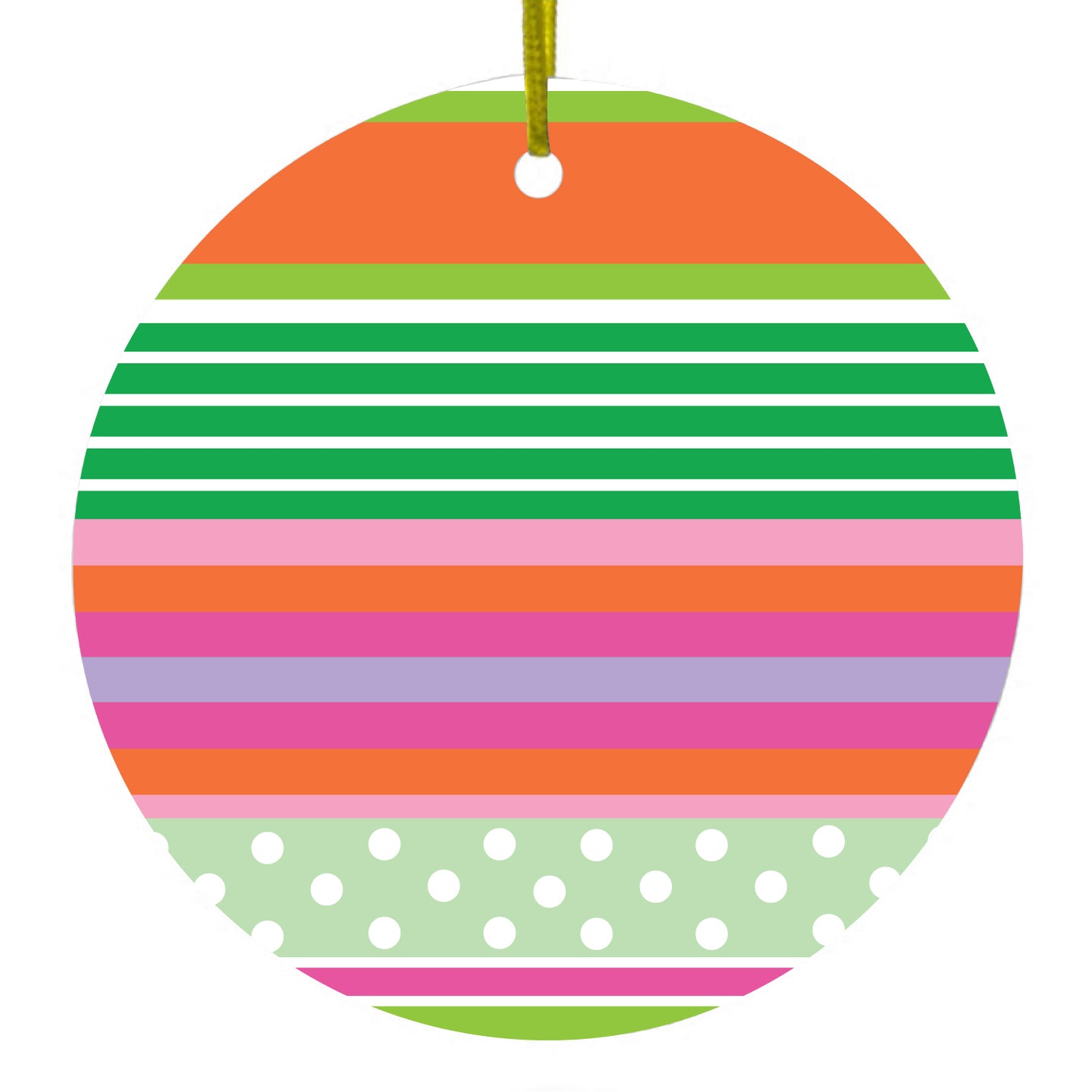 DistinctInk® Hanging Ceramic Christmas Tree Ornament with Gold String - Great Gift / Present - 2 3/4 inch Diameter - Green Pink White Stripes Polka Dots