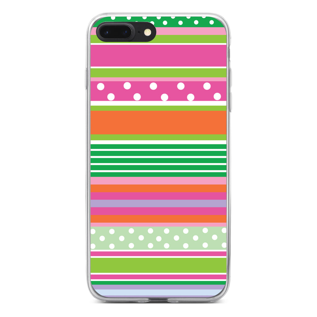 Green Pink White Stripes Polka Dots Clear Shockproof iPhone Case, view 6
