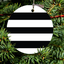 DistinctInk® Hanging Ceramic Christmas Tree Ornament with Gold String - Great Gift / Present - 2 3/4 inch Diameter - Black & White Bold Horizontal Stripes