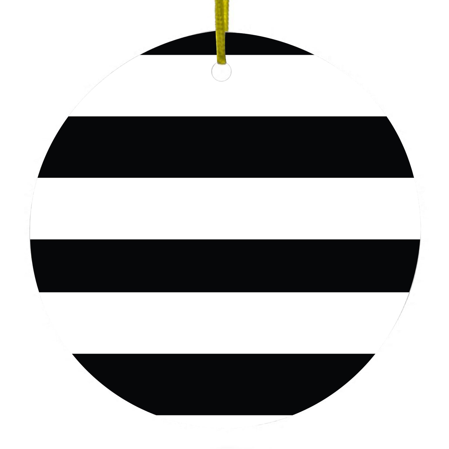 DistinctInk® Hanging Ceramic Christmas Tree Ornament with Gold String - Great Gift / Present - 2 3/4 inch Diameter - Black & White Bold Horizontal Stripes