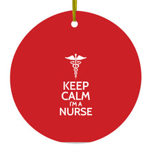 DistinctInk® Hanging Ceramic Christmas Tree Ornament with Gold String - Great Gift / Present - 2 3/4 inch Diameter - Red White "Keep Calm I'm a Nurse"