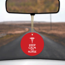DistinctInk® Hanging Ceramic Christmas Tree Ornament with Gold String - Great Gift / Present - 2 3/4 inch Diameter - Red White "Keep Calm I'm a Nurse"