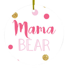 DistinctInk® Hanging Ceramic Christmas Tree Ornament with Gold String - Great Gift / Present - 2 3/4 inch Diameter - Pink White Gold "Mama Bear"