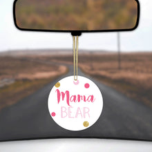 DistinctInk® Hanging Ceramic Christmas Tree Ornament with Gold String - Great Gift / Present - 2 3/4 inch Diameter - Pink White Gold "Mama Bear"