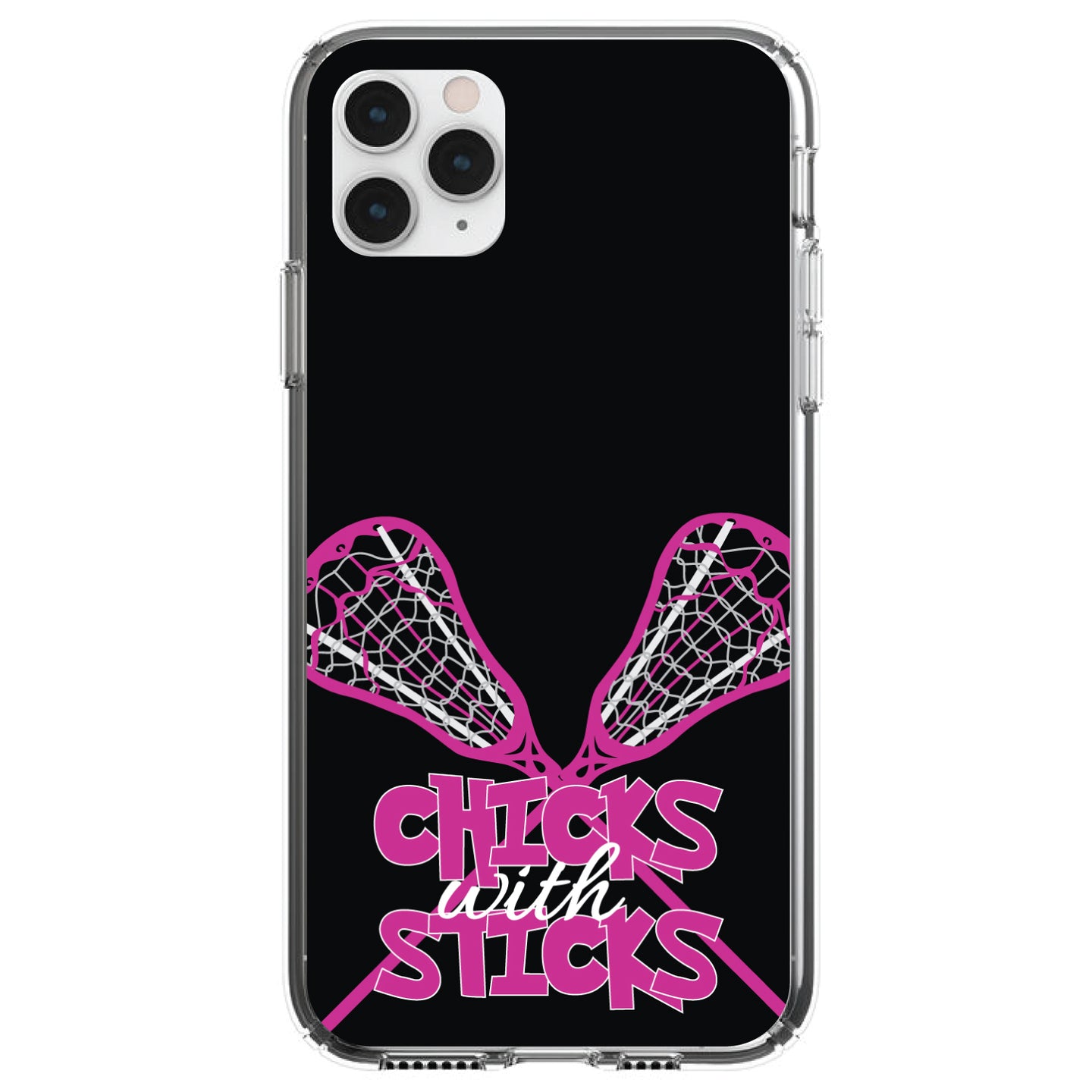 DistinctInk® Clear Shockproof Hybrid Case for Apple iPhone / Samsung Galaxy / Google Pixel - Hot Pink Lacrosse - Chicks with Sticks