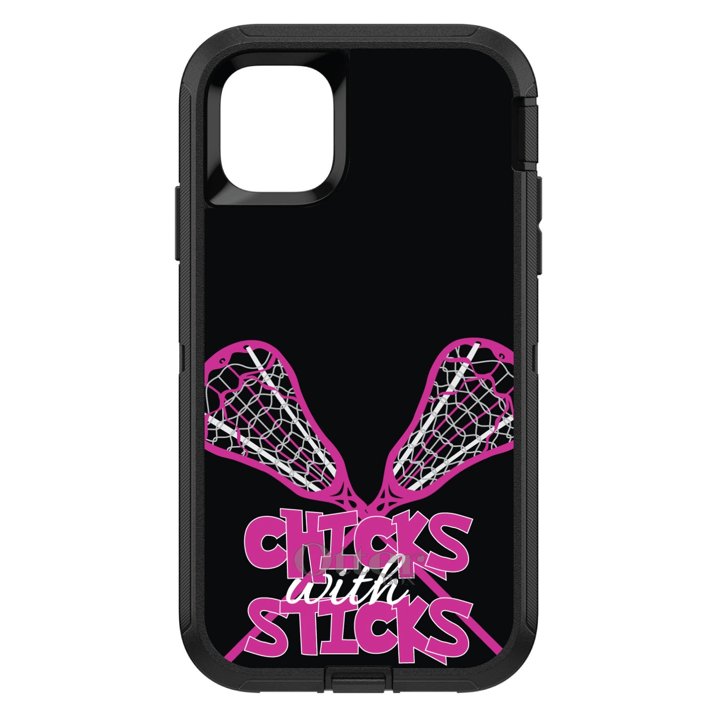 DistinctInk™ OtterBox Defender Series Case for Apple iPhone / Samsung Galaxy / Google Pixel - Hot Pink Lacrosse - Chicks with Sticks