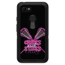 DistinctInk™ OtterBox Defender Series Case for Apple iPhone / Samsung Galaxy / Google Pixel - Hot Pink Lacrosse - Chicks with Sticks