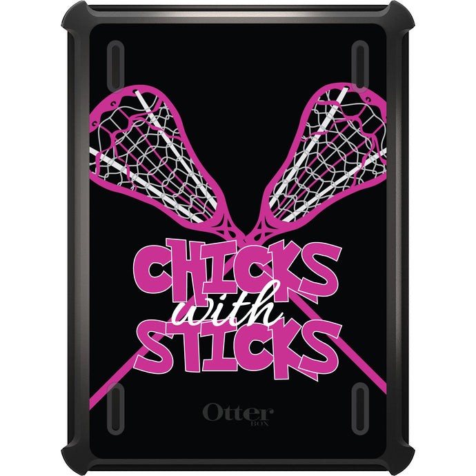 DistinctInk™ OtterBox Defender Series Case for Apple iPad / iPad Pro / iPad Air / iPad Mini - Hot Pink Lacrosse - Chicks with Sticks