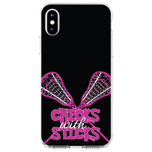 DistinctInk® Clear Shockproof Hybrid Case for Apple iPhone / Samsung Galaxy / Google Pixel - Hot Pink Lacrosse - Chicks with Sticks