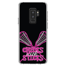 DistinctInk® Clear Shockproof Hybrid Case for Apple iPhone / Samsung Galaxy / Google Pixel - Hot Pink Lacrosse - Chicks with Sticks
